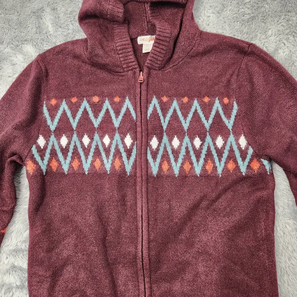 Cat & Jack Sweater Kids M 8/10 Burgundy Full Zip Hooded Fair Isle Geometric Knit